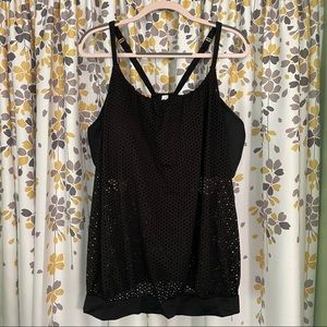 Cacique sporty tankini top, black mesh overlay